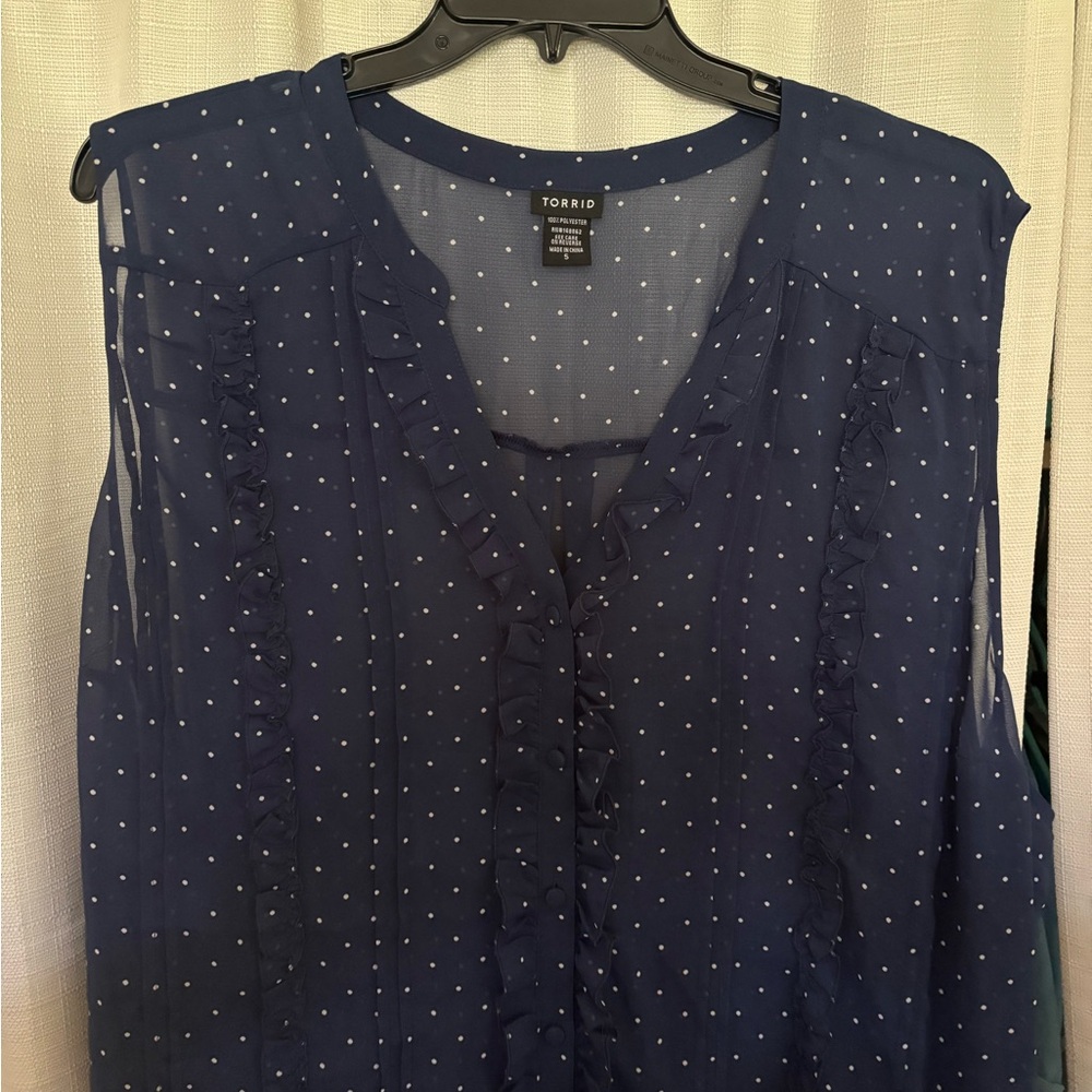 Torrid Dark Blue Ruffle Polka Dot Blouse